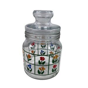 1983 Anchor Hocking Nina Glass Canister w/Colorful Tulips & Glass Lid